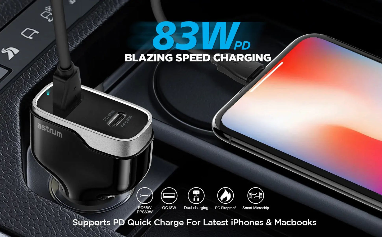 Astrum Pro Go PD85 USB-C 83W Dual USB Car Charger